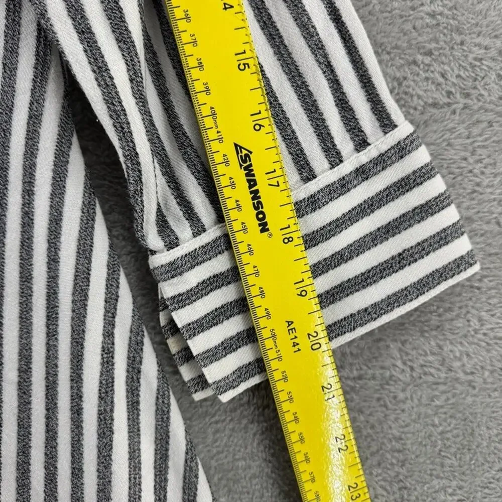 Soft Surroundings Top M Gray White Striped Button Up Tunic Asymmetrical Hem - Picture 12 of 14